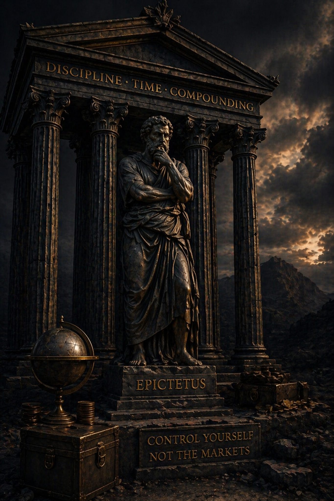 Epictetus statue with temple and compounding inscription