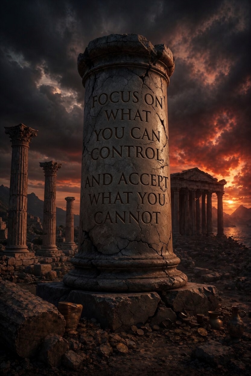 Ancient column with focus on what you can control inscription