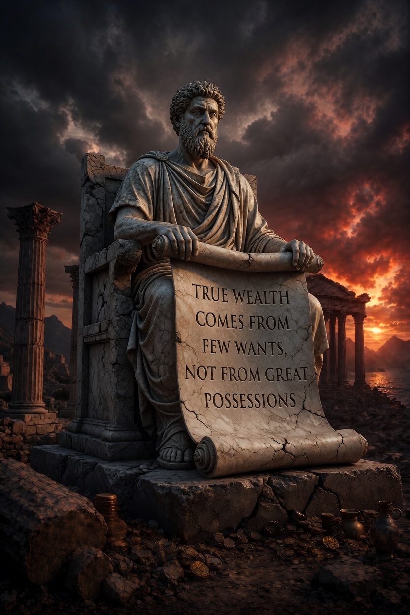 Stoic statue with true wealth inscription