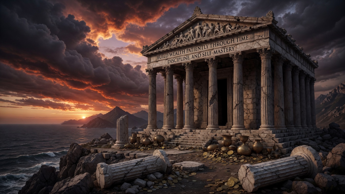 Ancient temple by the sea with discipline and self-mastery inscription